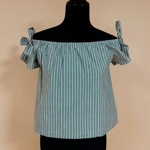 5/$20 Lush Green White Stripe Off the Shoulder Cotton Blouse Top Bows Sz XS - Picture 1 of 10